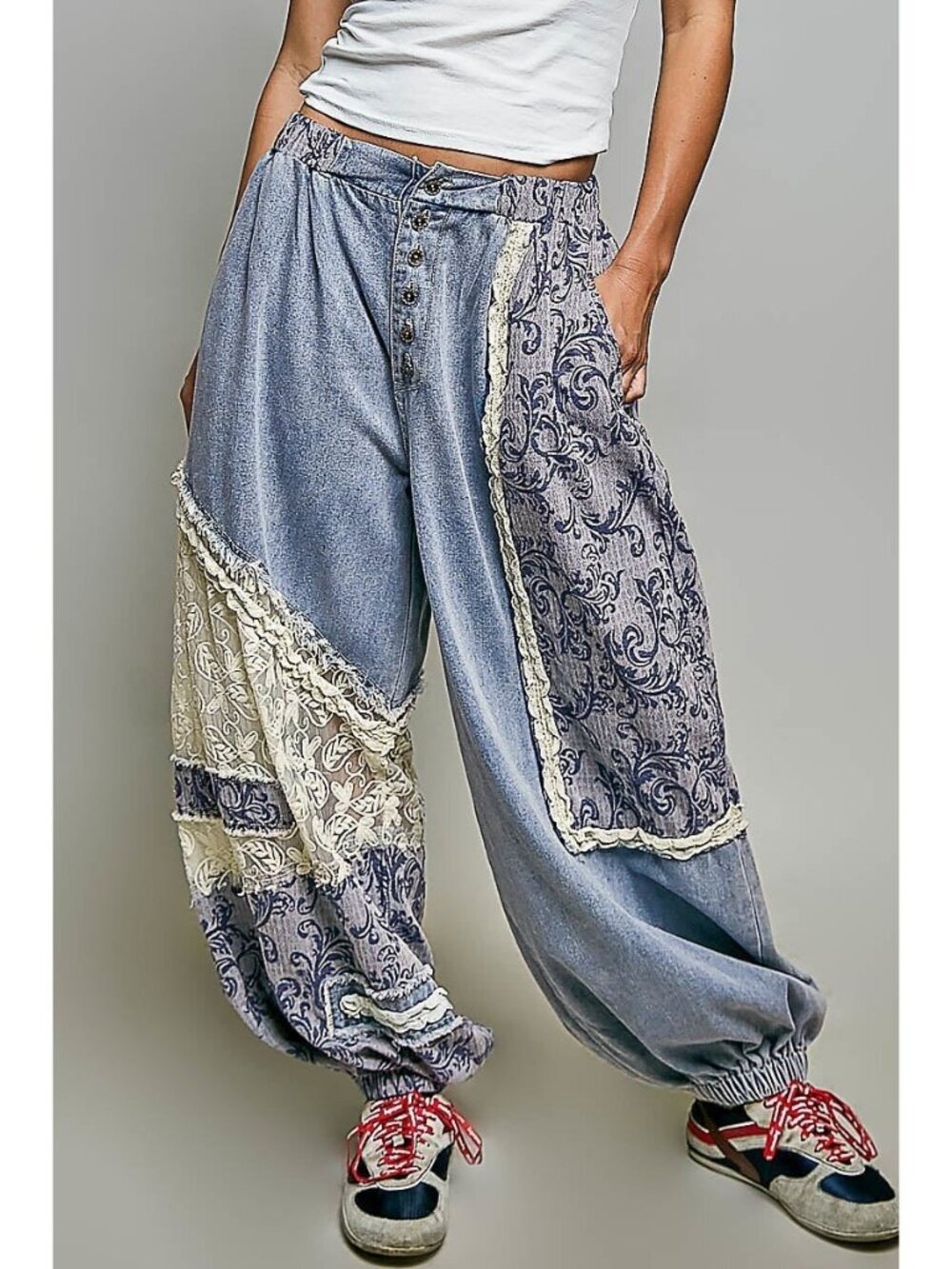 POL Bluebell Manor Patchwork Joggers in Denim
